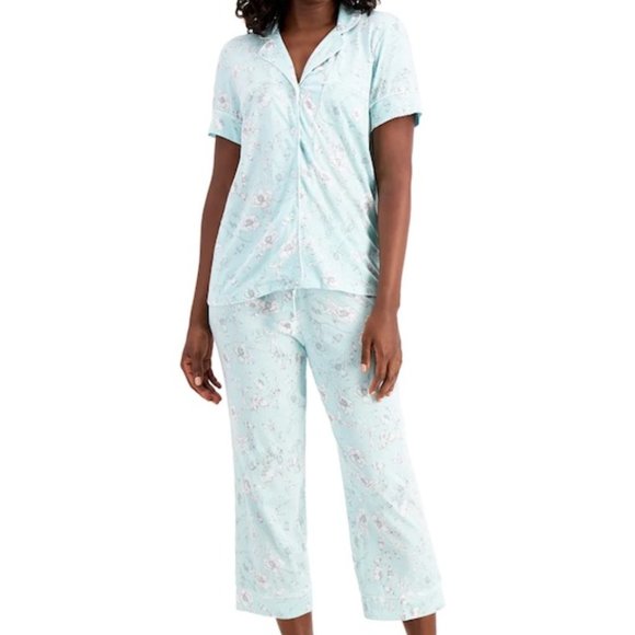 NWT XS Charter Club Light Blue Fleece Leafy Floral Henley Capri PJ Set - Picture 1 of 3